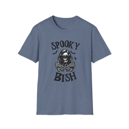 Spooky Bish Skeleton Sunglasses Giving Middle Fingers Gothic Horror Fun Unisex Softstyle T-Shirt