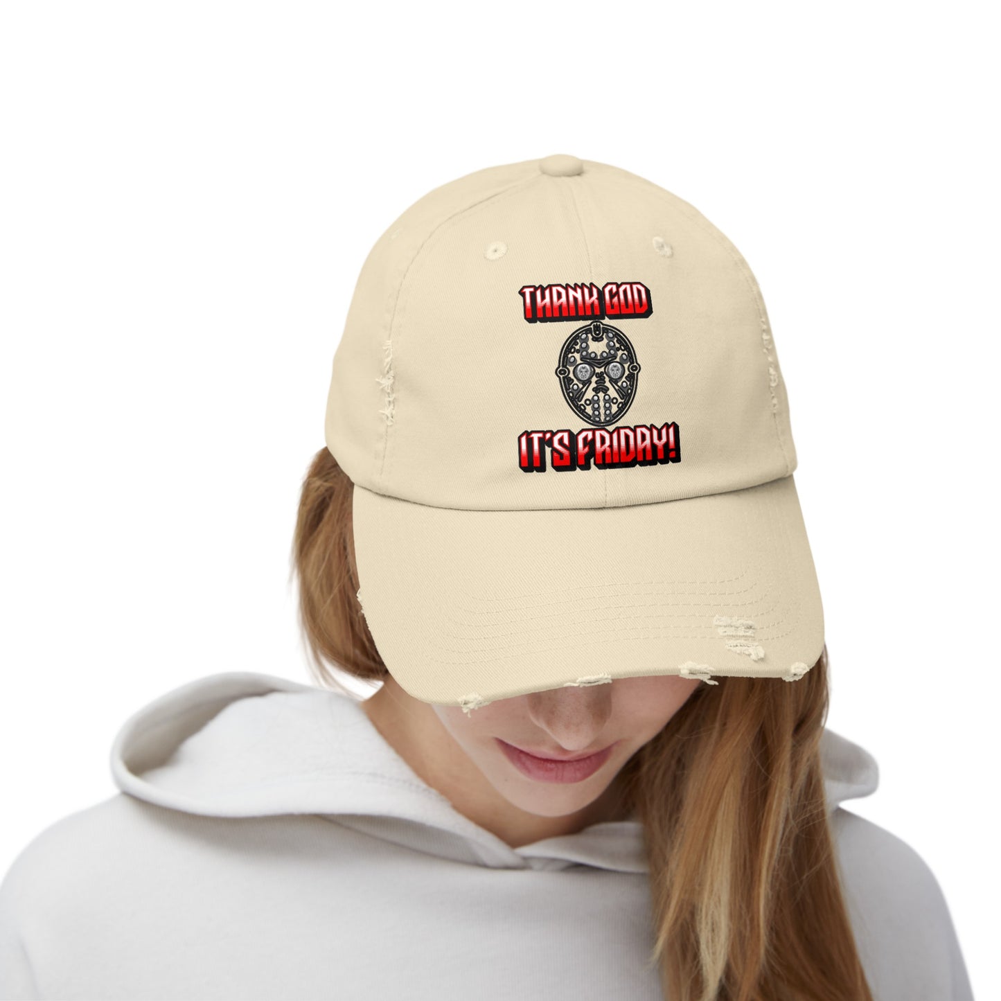 Thank god, It's Friday! TGIF Jason Hockey Mask Horror Fun Hat Unisex Distressed Cap