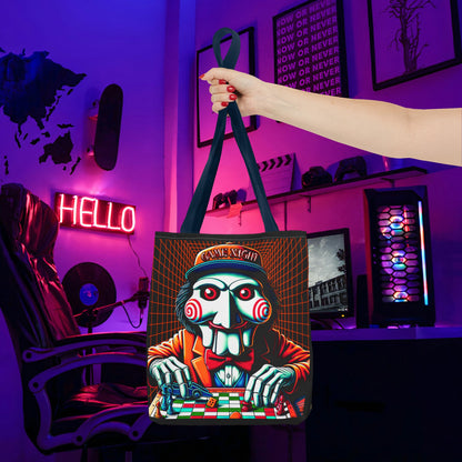 Game Night Billy Wearing A Hat The Puppet Playing Lunch Beach Gamer Carry Tote Bag (AOP) Horror Fun