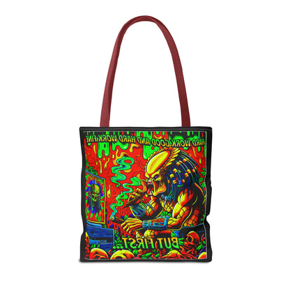 Horradelic Hard Work Good Hard Work Fine Predator Blunt Smoking Horror Fun Travel Carry Tote Bag (AOP)