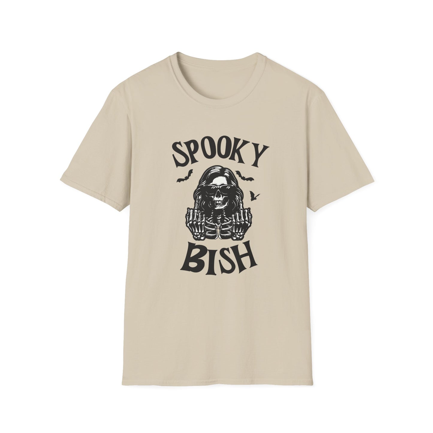 Spooky Bish Skeleton Sunglasses Giving Middle Fingers Gothic Horror Fun Unisex Softstyle T-Shirt