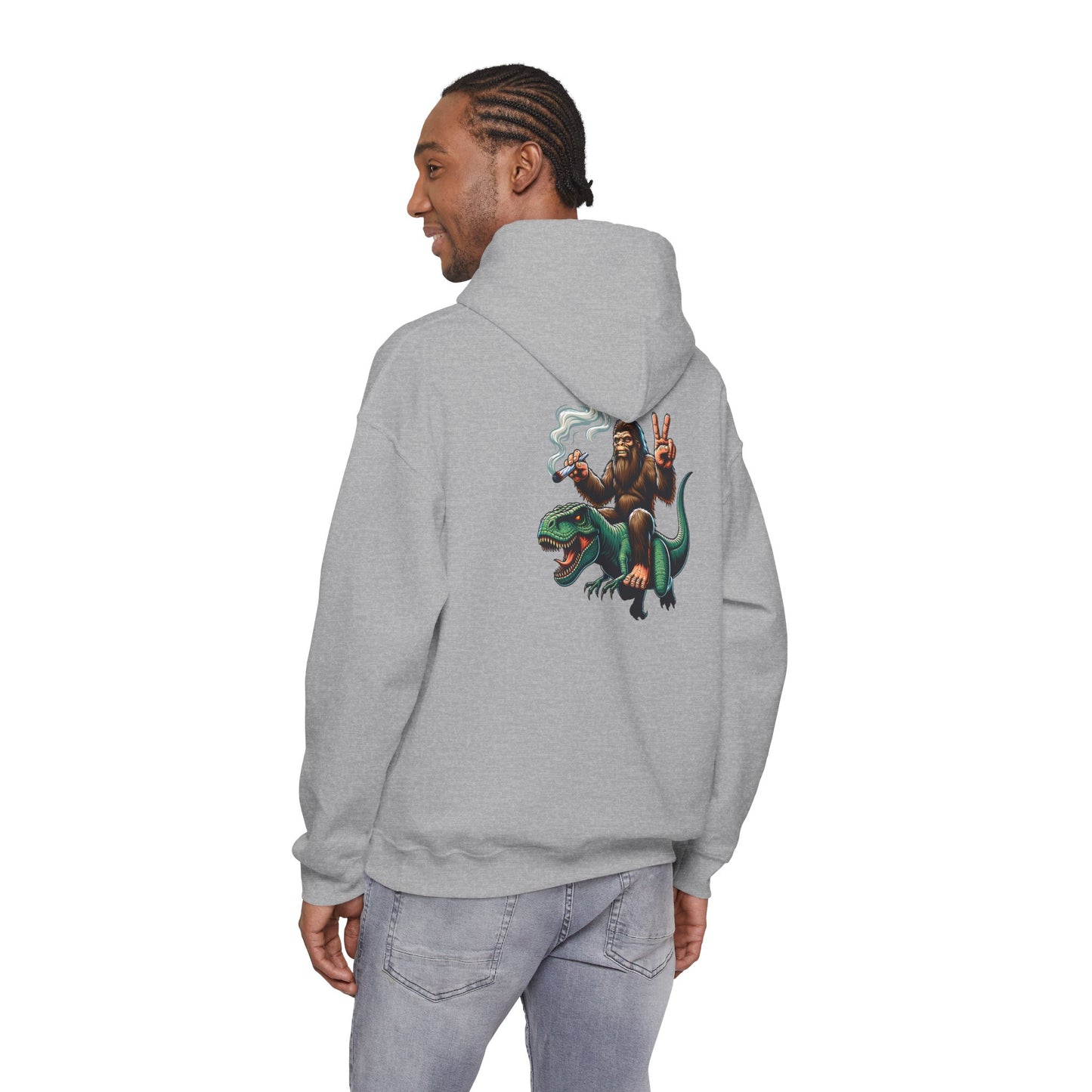 Bigfoot Riding Dinosaur Hoodie — Retro Smoking Sasquatch Graphic Sweatshirt