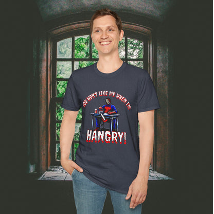 You Won't Like When I'm Hangry Unisex Softstyle T-Shirt Leather Chainsaw Guy Cannibal Horror Fun