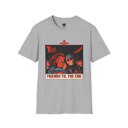 Friends 'Til the End Horror Movie T-Shirt Jason And Chucky Design