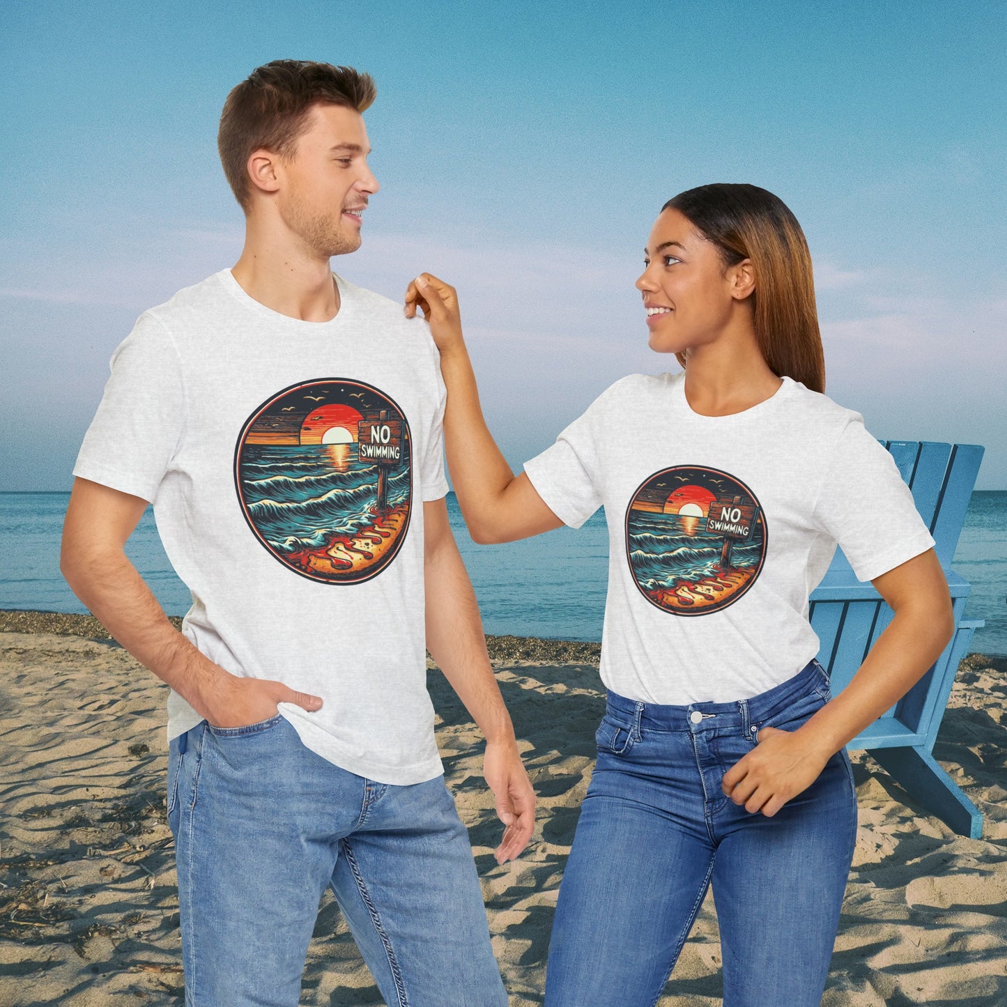 No Swimming Bloody Water Beach Unisex Jersey Short Sleeve T-Shirt Horror Ocean Shark