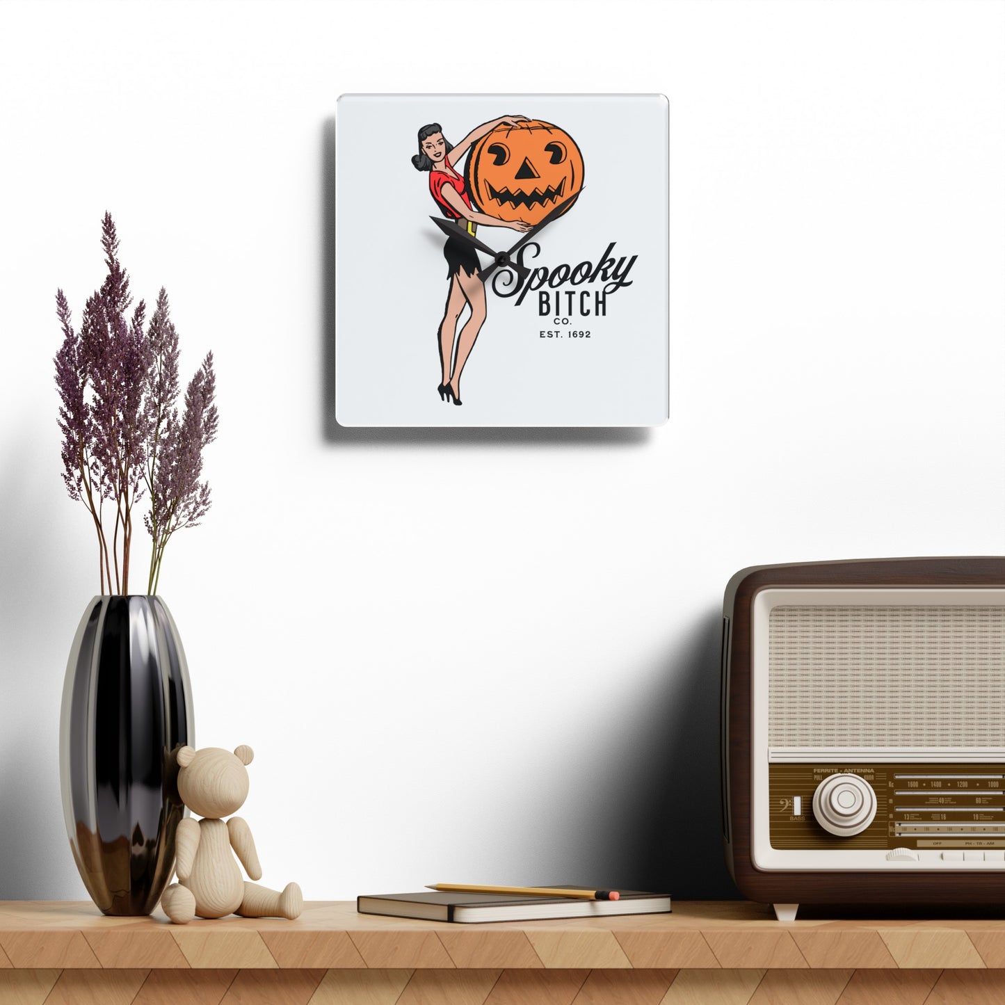 Spooky B!tch Co Est 1692 50's Style Woman Holding Pumpkin Halloween Gothic Fun Witch Acrylic Wall Clock Multiple styles