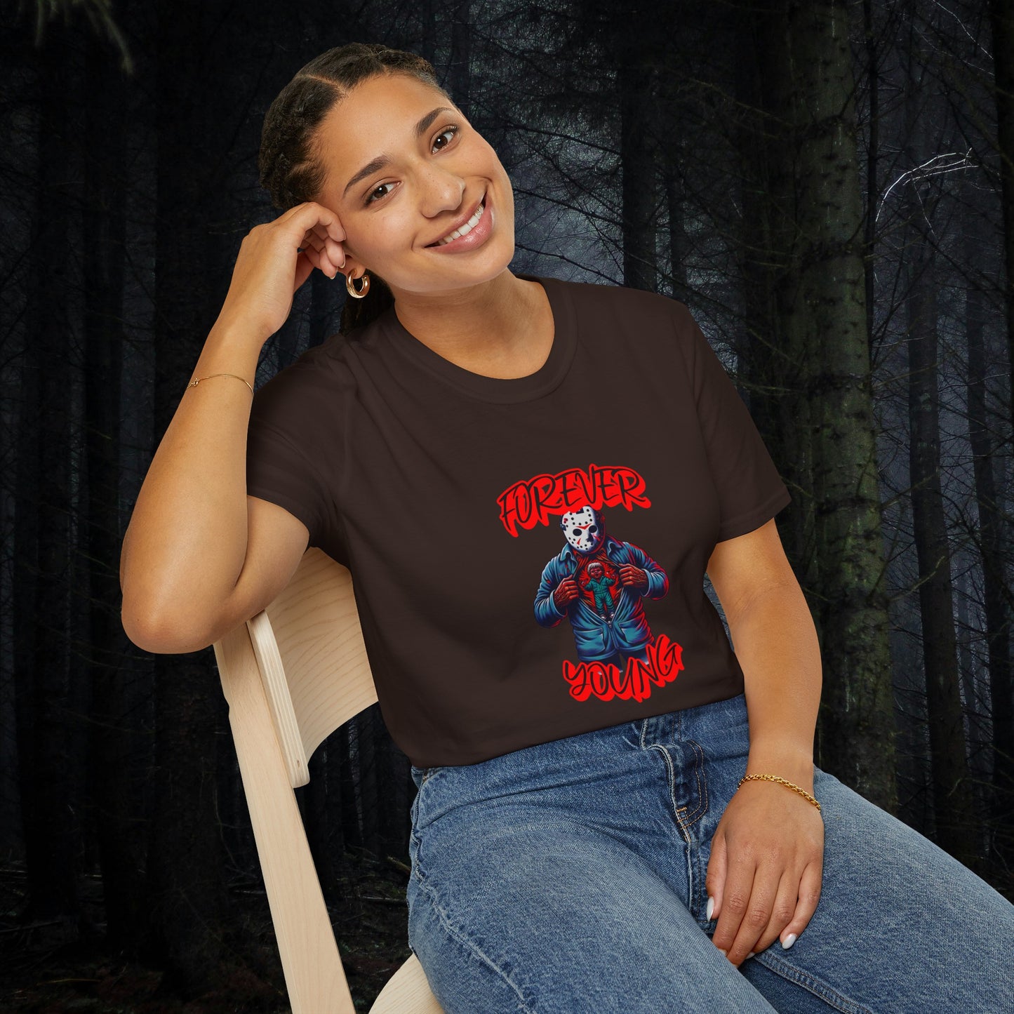 Horrorvational Forever Young Horror Fun Jason With The Mask On Voorhees Unisex Softstyle T-Shirt Friday Shirt