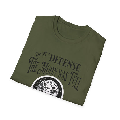 In My Defense The Moon Was Full - Full Moon Skeleton Gothic Skull Dancing Shirt - Unisex Softstyle T-Shirt