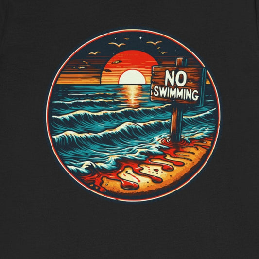 No Swimming Bloody Water Beach Unisex Jersey Short Sleeve T-Shirt Horror Ocean Shark