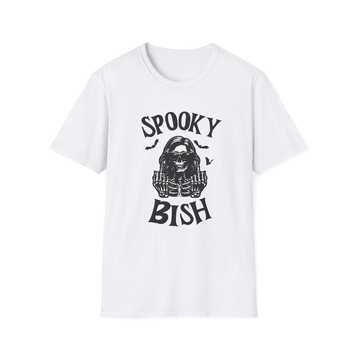 Spooky Bish Skeleton Sunglasses Giving Middle Fingers Gothic Horror Fun Unisex Softstyle T-Shirt