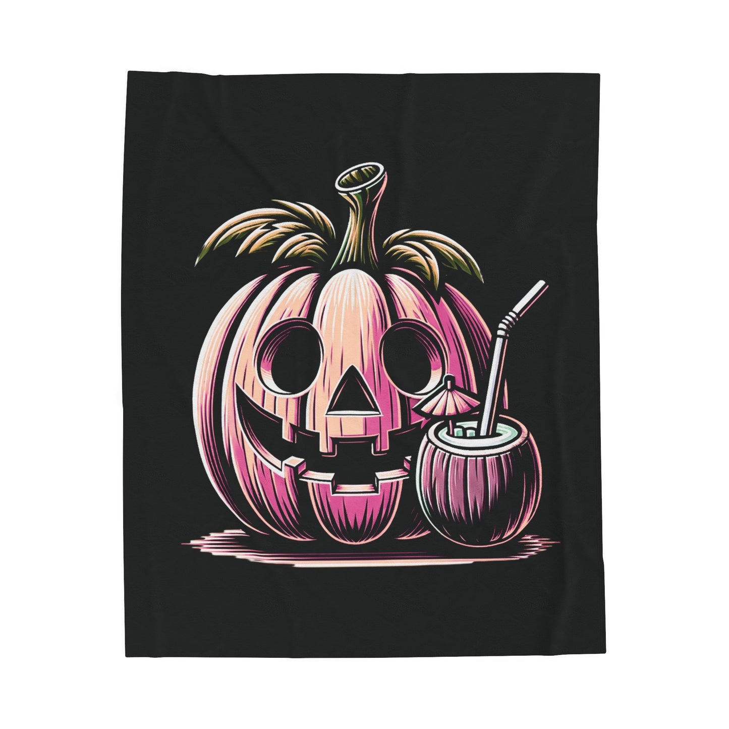 Summerween Pumpkin With A Drink And A Smile Velveteen Plush Throw Blanket