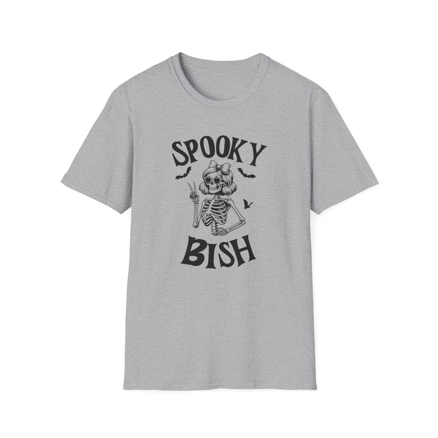 Spooky Bish Skeleton with Sunglasses and Peace Sign Gothic Horror Fun Unisex Softstyle T-Shirt