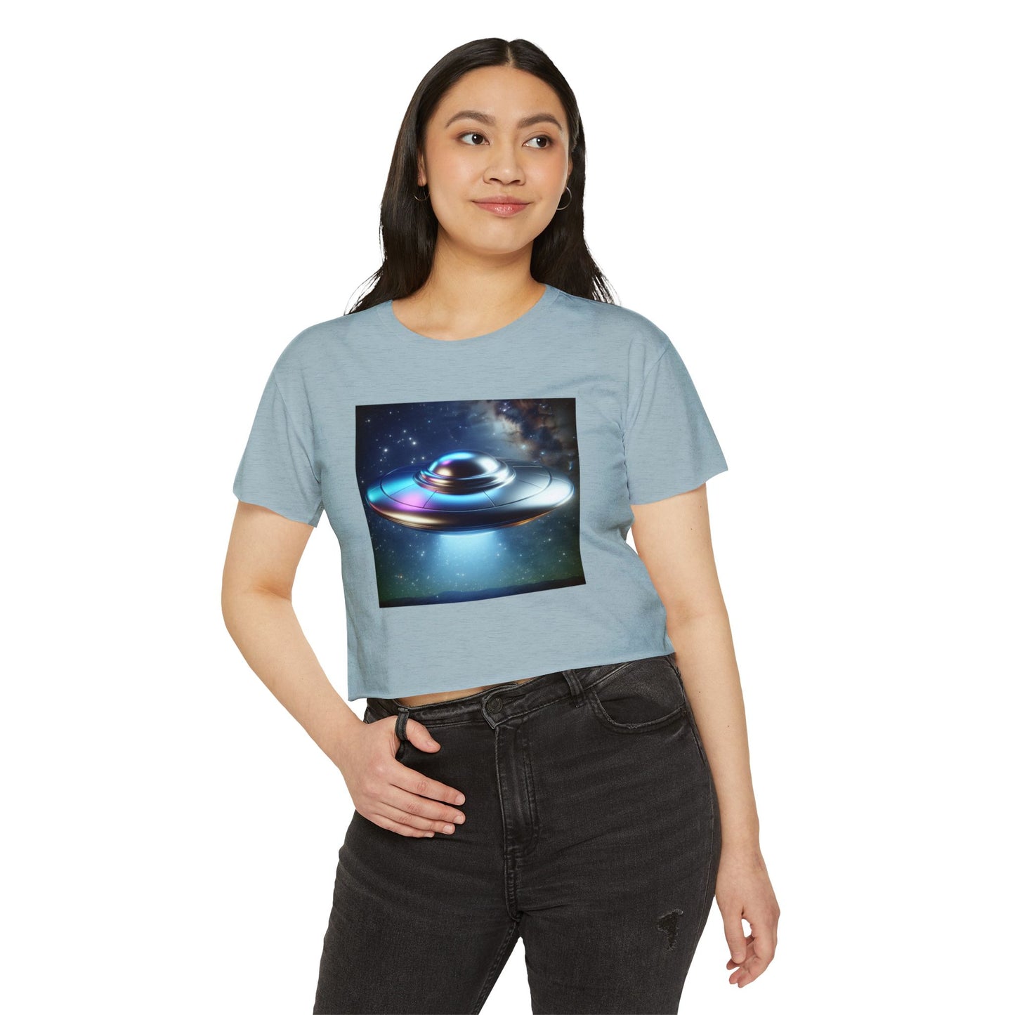 Women's Festival UFO Crop Top - Cosmic Graphic Tee for Music and Art Lovers