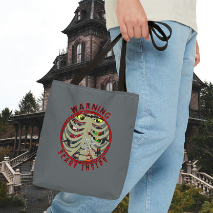 Warning, Scary Inside Tote Bag (AOP) Collector Pouch Horror Fun Beach Swimming Travel Overnight