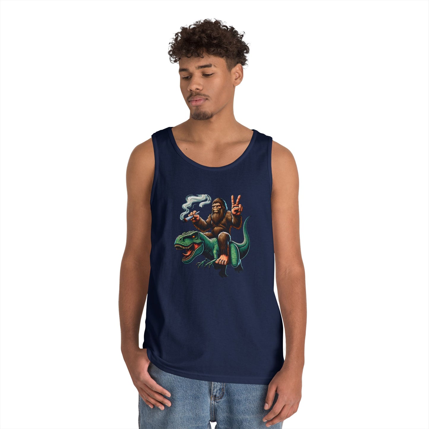 Bigfoot Riding T Rex Tank Top - 420 Peace Sign Design