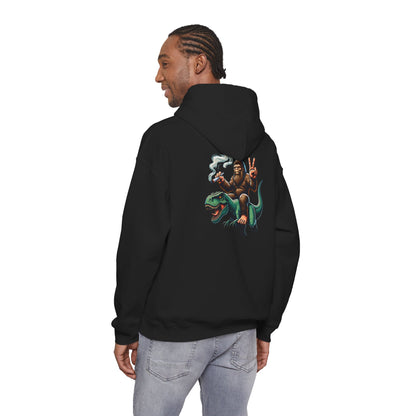 Bigfoot Riding Dinosaur Hoodie — Retro Smoking Sasquatch Graphic Sweatshirt