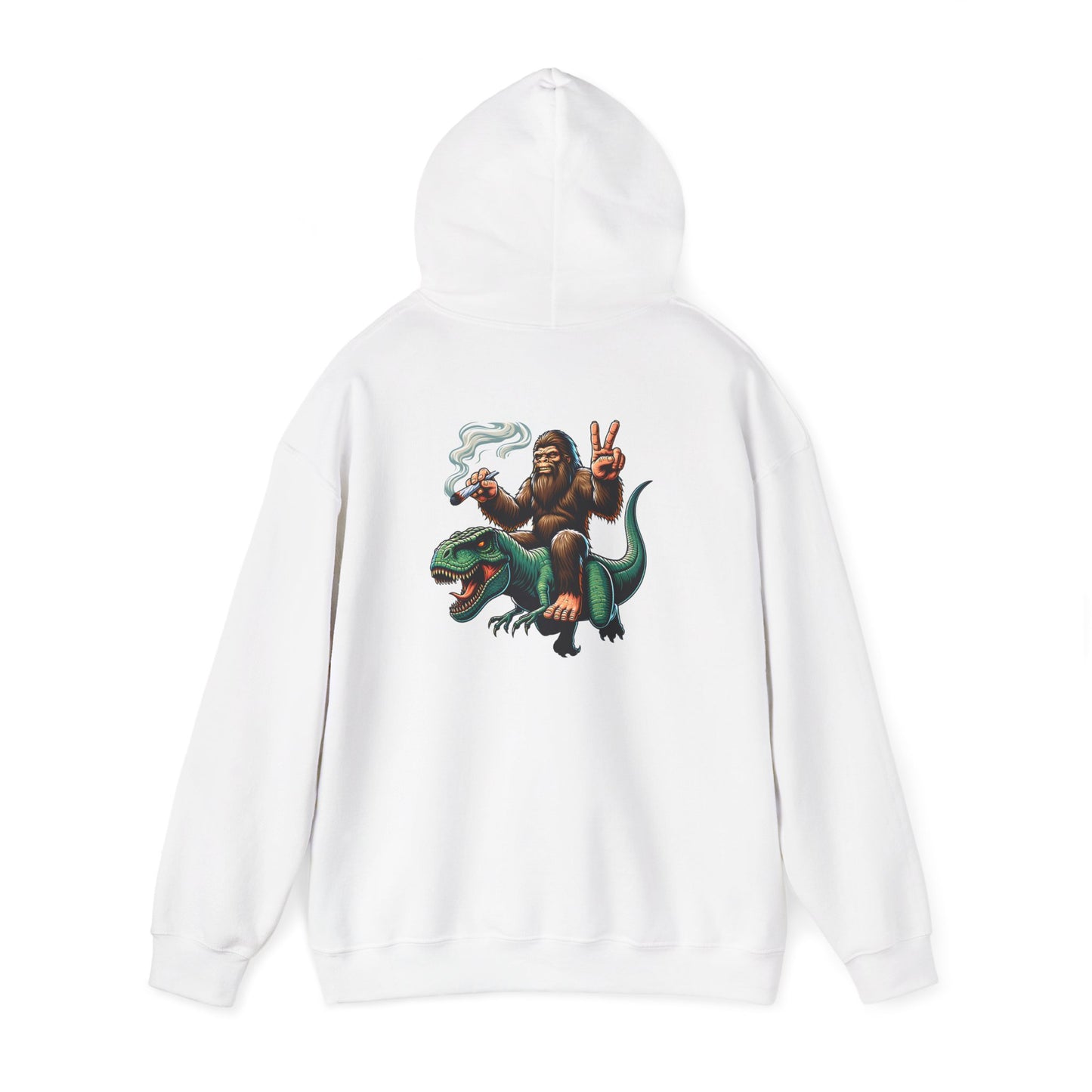 Bigfoot Riding Dinosaur Hoodie — Retro Smoking Sasquatch Graphic Sweatshirt