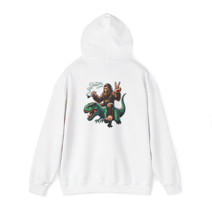 Bigfoot Riding Dinosaur Hoodie — Retro Smoking Sasquatch Graphic Sweatshirt