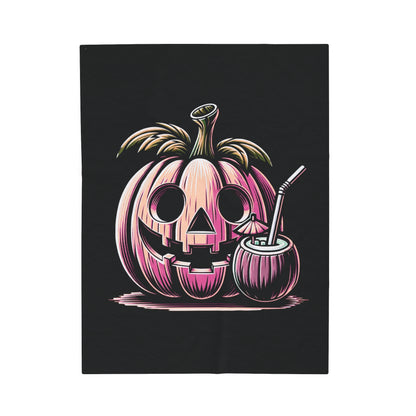 Summerween Pumpkin With A Drink And A Smile Velveteen Plush Throw Blanket