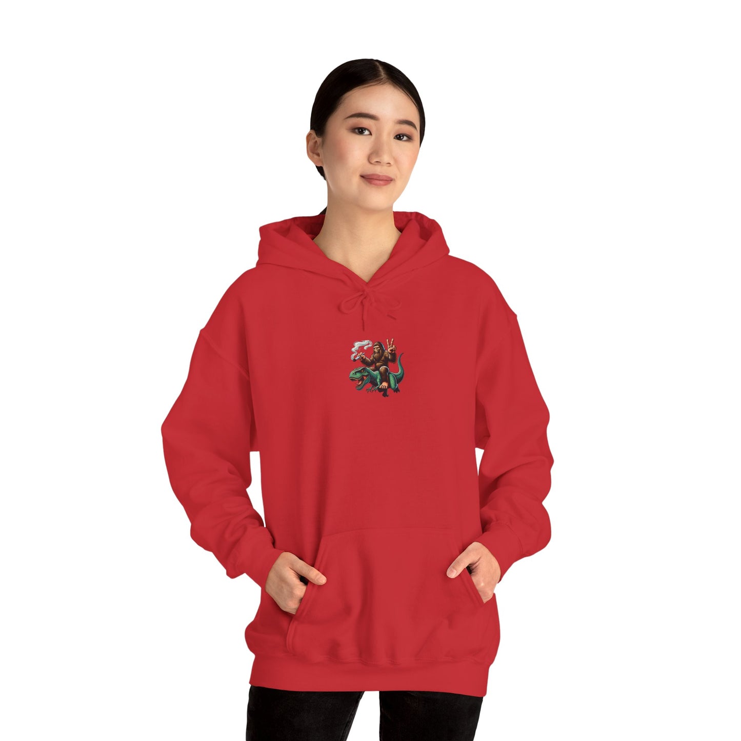 Bigfoot Riding Dinosaur Hoodie — Retro Smoking Sasquatch Graphic Sweatshirt