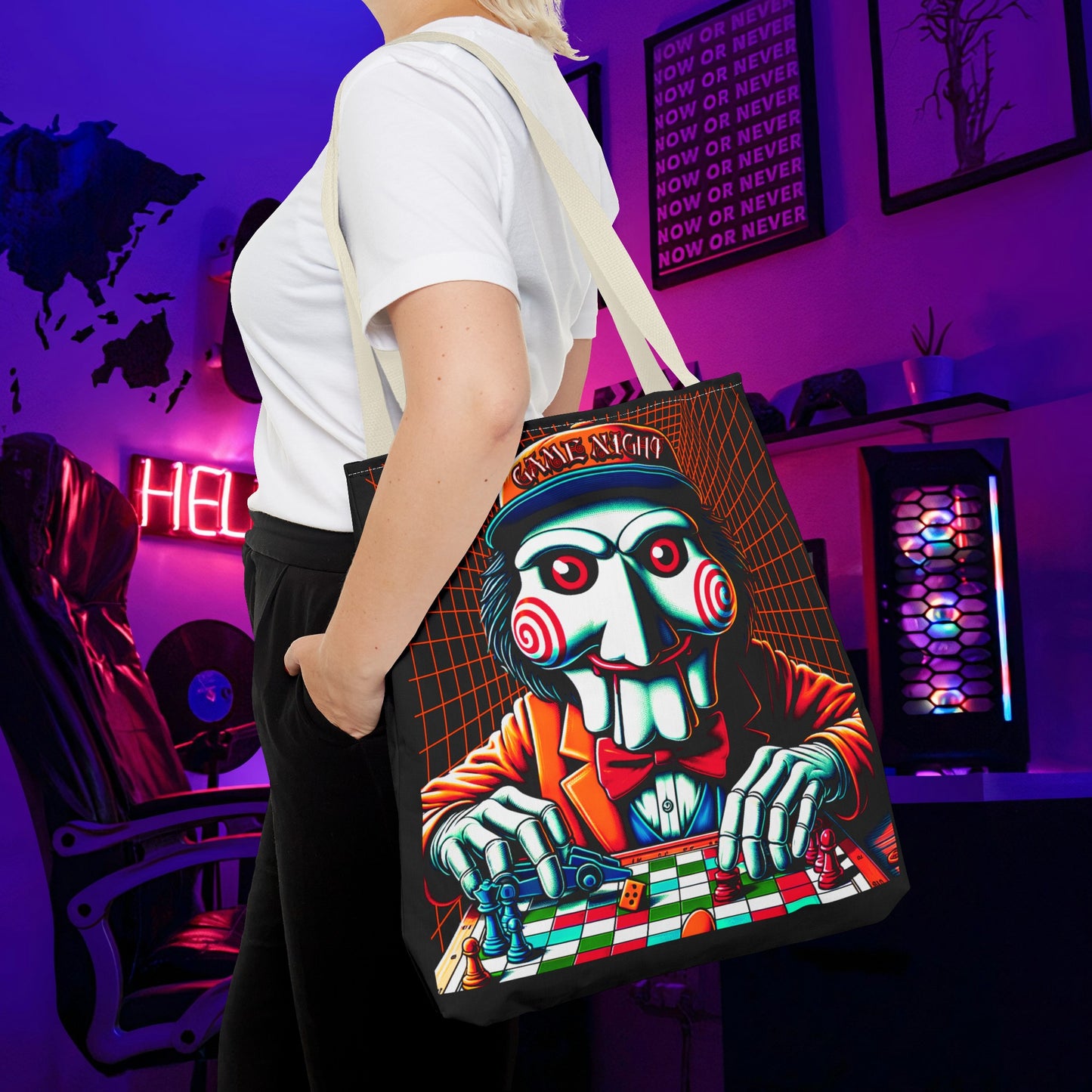 Game Night Billy Wearing A Hat The Puppet Playing Lunch Beach Gamer Carry Tote Bag (AOP) Horror Fun