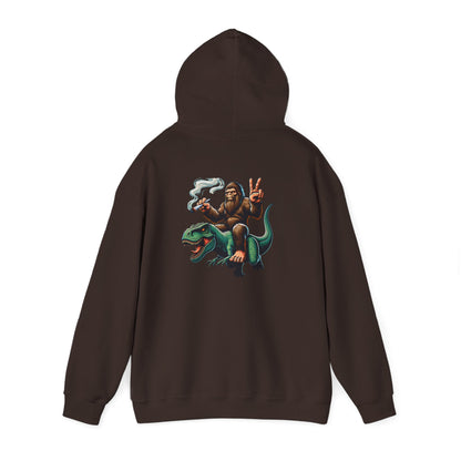 Bigfoot Riding Dinosaur Hoodie — Retro Smoking Sasquatch Graphic Sweatshirt