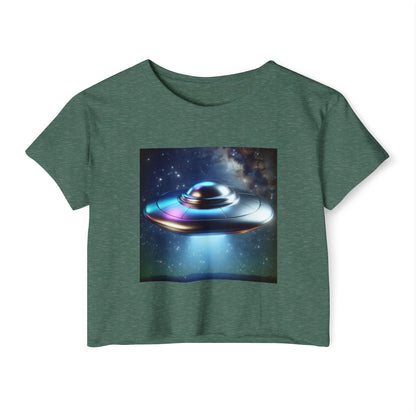 Women's Festival UFO Crop Top - Cosmic Graphic Tee for Music and Art Lovers