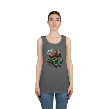Bigfoot Riding T Rex Tank Top - 420 Peace Sign Design