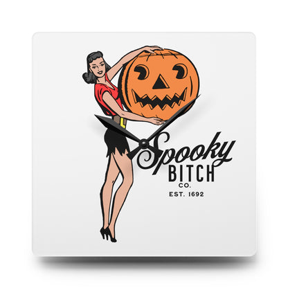 Spooky B!tch Co Est 1692 50's Style Woman Holding Pumpkin Halloween Gothic Fun Witch Acrylic Wall Clock Multiple styles