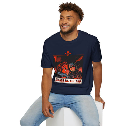 Friends 'Til the End Horror Movie T-Shirt Jason And Chucky Design