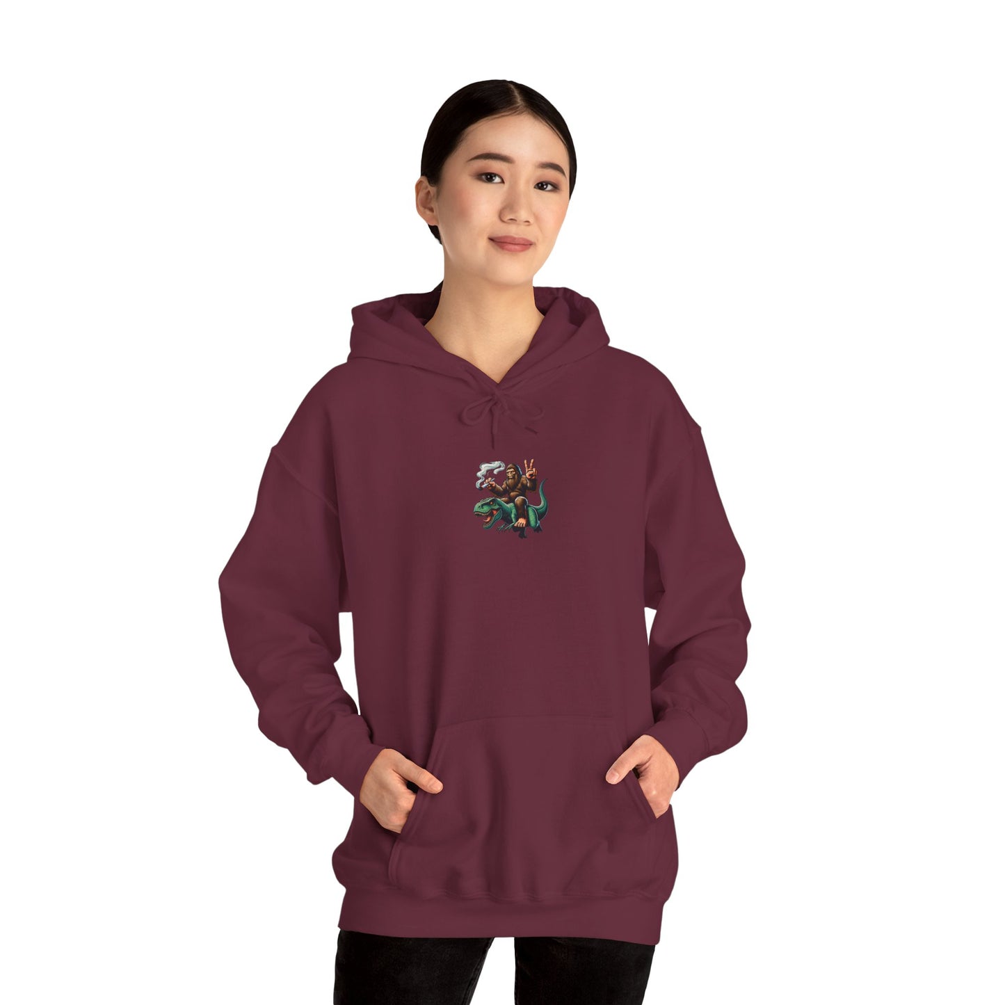 Bigfoot Riding Dinosaur Hoodie — Retro Smoking Sasquatch Graphic Sweatshirt