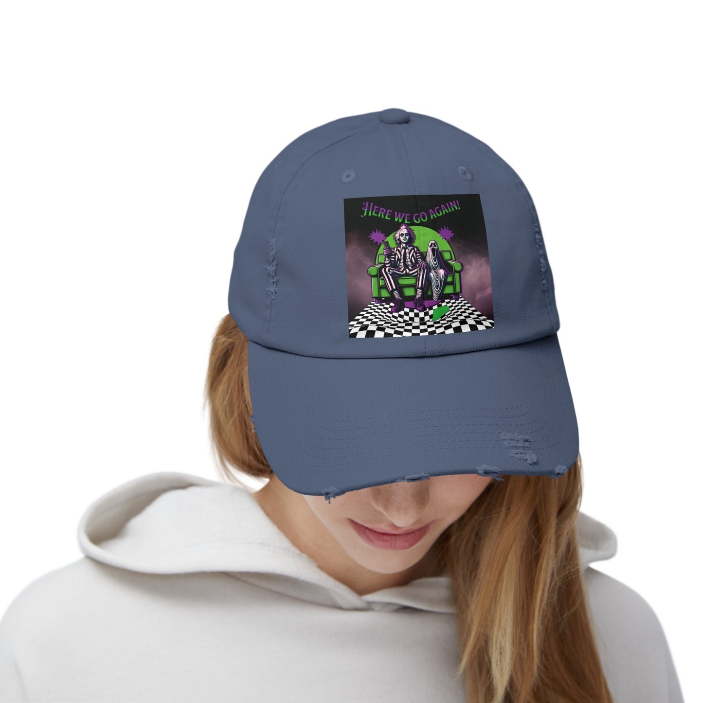 Beetlejuice 2 Inspired Here We Go Again Horror Fun Unisex Distressed Baseball Cap Hat