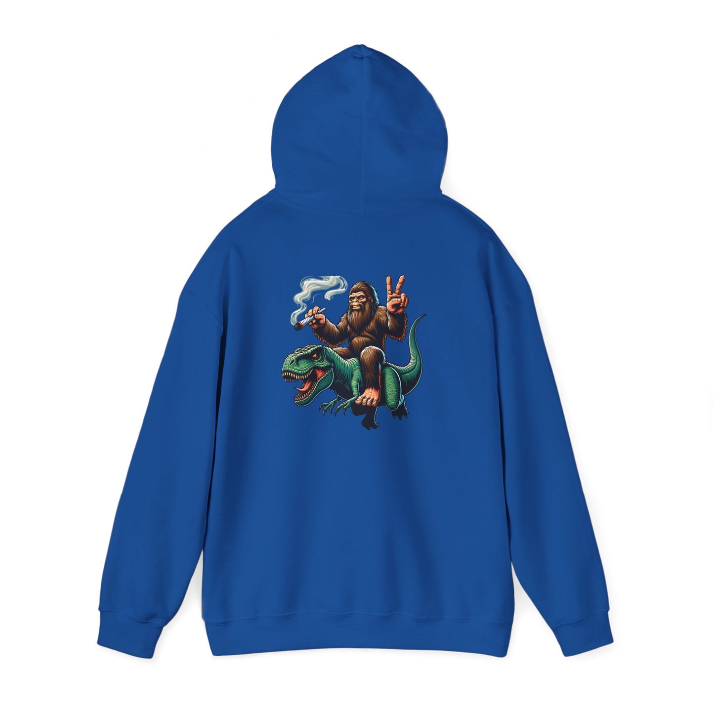 Bigfoot Riding Dinosaur Hoodie — Retro Smoking Sasquatch Graphic Sweatshirt