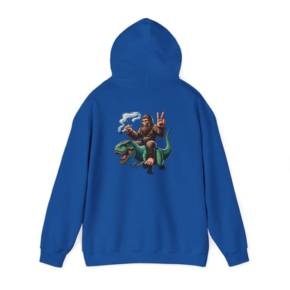 Bigfoot Riding Dinosaur Hoodie — Retro Smoking Sasquatch Graphic Sweatshirt