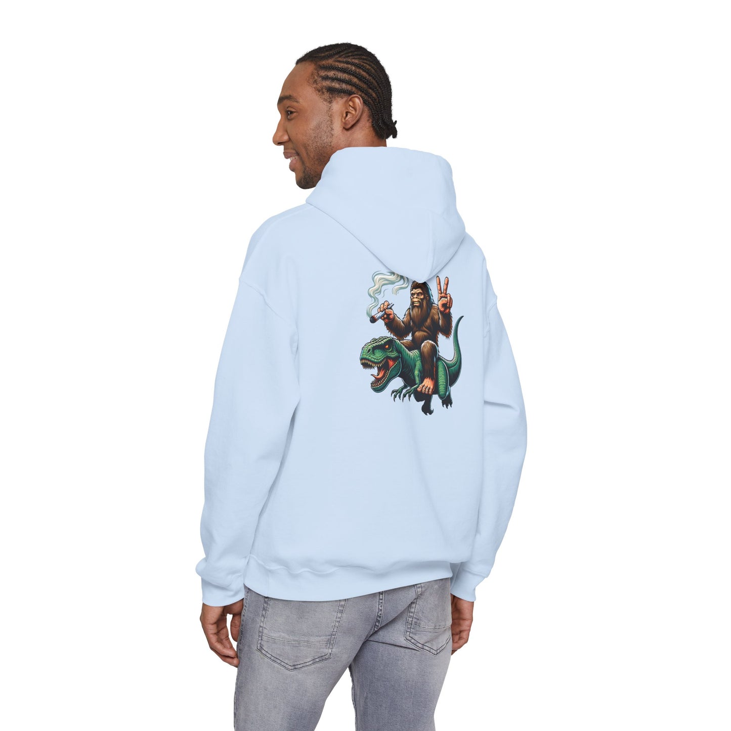 Bigfoot Riding Dinosaur Hoodie — Retro Smoking Sasquatch Graphic Sweatshirt