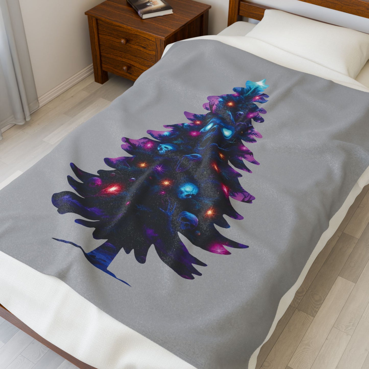 Gothic Neon Skull Christmas Tree Plush Blanket