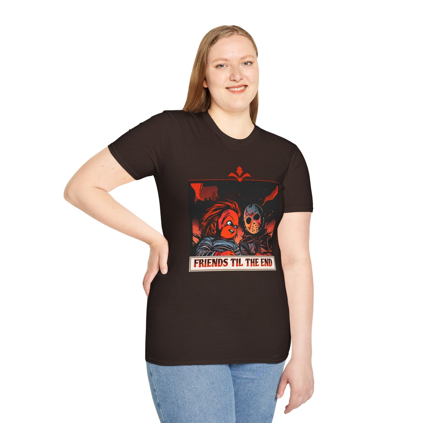 Friends 'Til the End Horror Movie T-Shirt Jason And Chucky Design