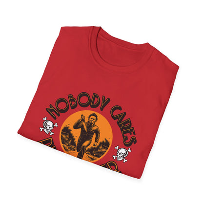 Nobody Cares Run Faster - Michael Running Myers on Halloween Horror Fun with Skulls Shirt - Unisex Softstyle T-Shirt