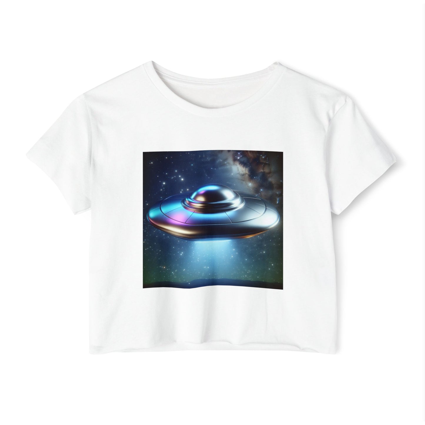Women's Festival UFO Crop Top - Cosmic Graphic Tee for Music and Art Lovers