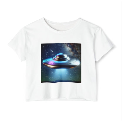 Women's Festival UFO Crop Top - Cosmic Graphic Tee for Music and Art Lovers