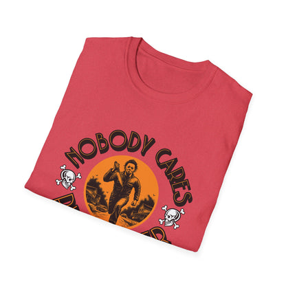 Nobody Cares Run Faster - Michael Running Myers on Halloween Horror Fun with Skulls Shirt - Unisex Softstyle T-Shirt