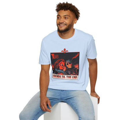 Friends 'Til the End Horror Movie T-Shirt Jason And Chucky Design