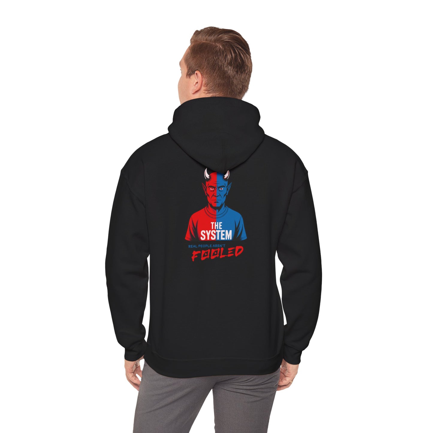 Hooded Sweatshirt - The System - Real People Arent Fooled Red Blue Design